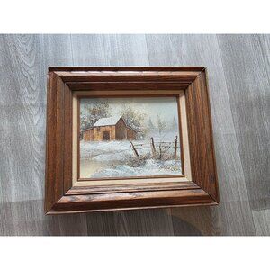 Vintage J. Medina Winter Barn Landscape Painting In Wood Frame 13x15
